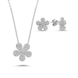 Stříbrná sada šperků květina ze zirkonů- náušnice, náhrdelník