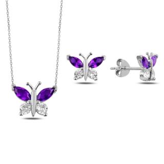 Stříbrná sada šperků motýl fialový - náušnice, náhrdelník