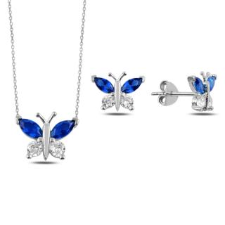 Stříbrná sada šperků motýl modrý - náušnice, náhrdelník