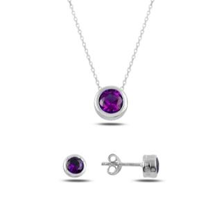 Stříbrná sada šperků pecky fialový kámen - náušnice, náhrdelník