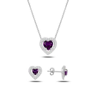 Stříbrná sada šperků srdce fialové - náušnice, náhrdelník