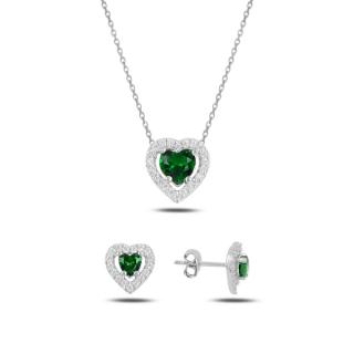 Stříbrná sada šperků srdce zelené - náušnice, náhrdelník