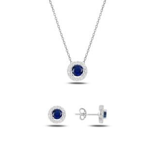 Stříbrná sada šperků třpytivá kolečka modrý kámen - náušnice, náhrdelník