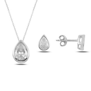 Stříbrná sada šperků zirkonová kapka- náušnice, náhrdelník