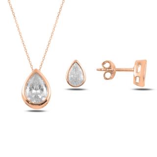 Stříbrná sada šperků zirkonová kapka rosegold- náušnice, náhrdelník