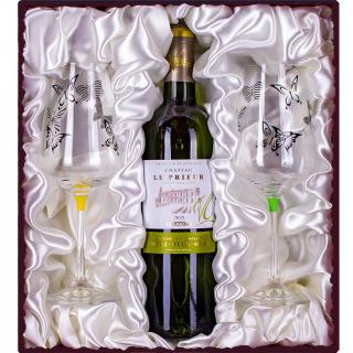 Dárkové bílé víno z Bordeaux & 2 skleničky s motýlky