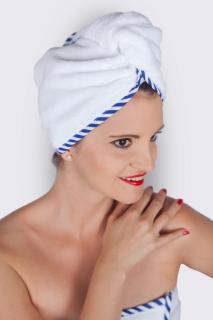 Bílý turban na vlasy s modrými proužky