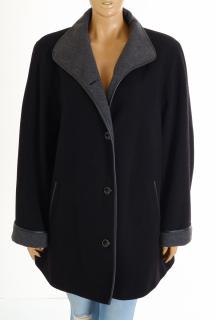 Kabát C/S černý s koženkovým lemováním 70% střižní vlna 10% kašmír vel. 50 / uk 24 / XL - XXL