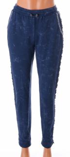 Kalhoty tepláky Top Sekret modré s bílým vzorkem zdobené kamínky a stříbrným pruhem  vel S/M
