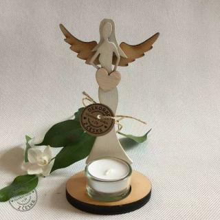 Anděl dřevěný 16 cm se svíčkou bílý+př.křídla