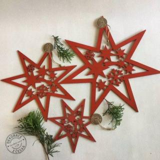 Dřevěná hvězda vyřezaná červená- 3 velikosti (vánoční hvězda)