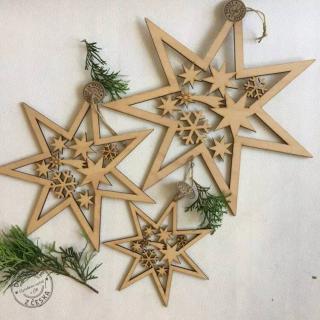 Dřevěná hvězda vyřezaná přírodní- 3 velikosti (vánoční hvězda)