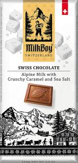 MILKBOY SWISS Mléčná čokoláda crunchy Caramel & Sea Salt 100g,  bez lepku