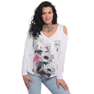 Yakuza dámské tričko s dlouhým rukávem Flower Style Cut Out Longsleeve V Neck T-Shirt white XL