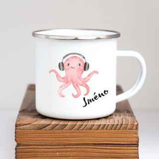 Bílý plecháček se jménem a růžovou chobotnicí 360ml