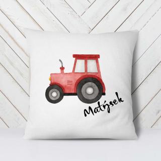 Bílý polštář s vlastním jménem Traktor červený 40x40