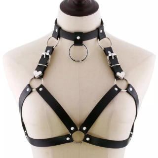 Bodypiece harness / pásek / bra / choker - černý koženkový se srdíčky
