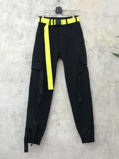 PRINCESS TIRAMISU černé unisex CARGO kalhoty kapsáče s třásněmi a neonovým žlutým páskem Barva: Černá, Velikost: M