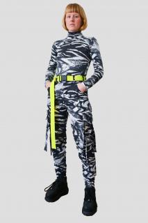 PRINCESS TIRAMISU černobílé žíhané unisex kalhoty kapsáče s neonovým žlutým páskem Velikost: L