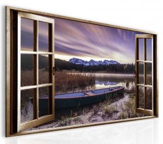 3D obraz okno loďka na jezeře 30x20 cm