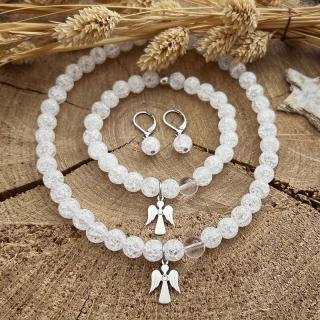 Sada šperků s andělem ze stříbra Swarovski Ag 925 a z praskaného křišťálu – minerální náramek, náhrdelník a náušnice
