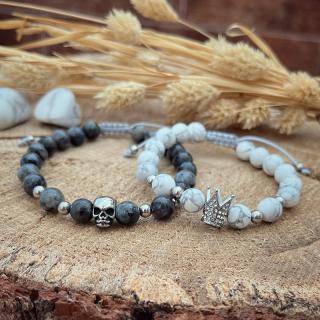 Shamballa náramky pro páry z howlitu a labradoritu, s  korunkou a lebkou z chirurgické oceli