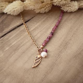 Turmalínový náhrdelník s řetízkem, perlou a andělským křídlem z rose gold chirurgické oceli