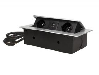 AE 13126, vestavný, zásuvkový, vyklápěcí modul, 2x zásuvka 230V a 2x zásuvka USB, barva černá a stříbrná Barva: Stříbrná
