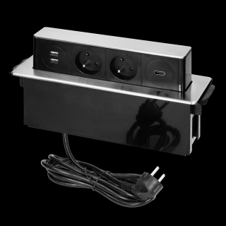 AE GM 9016 - vestavný nerezový zásuvkový modul výsuvný, 2x zásuvka 230V, 2x zásuvka USB, HDMi, 2m napájecí kabel
