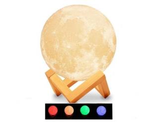 LED 3D Moon Lamp RGB - stolní světlo reagující na poklep, změna barvy svitu, imitace měsíce s dřevěným stojanem, průměr 110 a 140mm