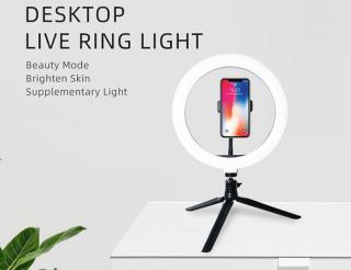 LED RING LIGHT 165-20, kruhové světlo 20cm se stativem, držák pro mobilní telefon, regulace jasu a barvy bílé a bílé teplé