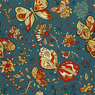 Látka s potiskem nepromokavý polyester - abstraktní květiny a motýli