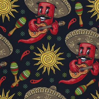 Látka s potiskem nepromokavý polyester - chilli paprička v sombreru