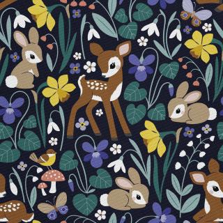 Látka s potiskem nepromokavý polyester - jelen a králík v květinách