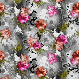 Látka s potiskem nepromokavý polyester - květiny na abstraktní pozadí