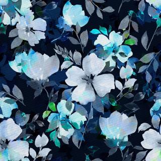 Látka s potiskem nepromokavý polyester - květiny na modrém pozadí