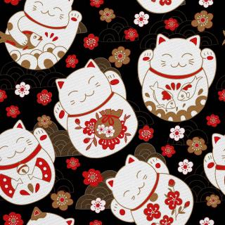 Látka s potiskem nepromokavý polyester - Maneki Neko Luck Cat