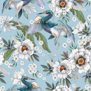 Látka s potiskem nepromokavý polyester - volavka s bílými květy