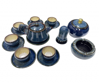 Keramický ručně dělaný modrý čajový set