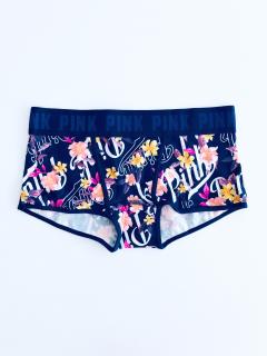 Victoria's Secret Victoria's Secret PINK Logo Flower pohodlné modré kalhotky Boyshort s nápisy Pink po celém obvodu - XS / Tmavě modrá / Victoria's Secret