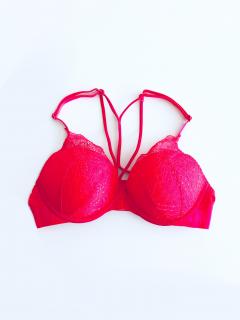 Victoria's Secret Victoria's Secret PINK Logo Red stylová červená Push-Up podprsenka s nápisy Pink po celém obvodu - 34B / Červená / Victoria's Secret