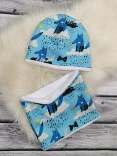Set - zimní čepice a nákrčník - pes na modrém Obvod hlavičky: 46-48 cm