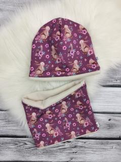 Set - zimní čepice a nákrčník - pudr, zajíčci na růžovém Obvod hlavičky: 40-43 cm