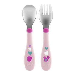 Chicco dětský příbor - lžička + vidlička, nerez, 18m+ barva: růžový