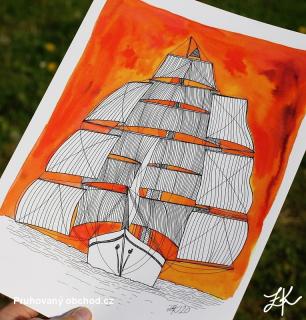 Bark Europa v ohnivém západu slunce- plakát A4