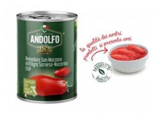 Masseria Andolfo loupaná rajčata San Marzano dell´Agro Sarnese-Nocerino DOP od 400 g (Pomodoro pelati San Marzano dell´Agro Sarnese-Nocerino DOP - celá loupaná rajčata)