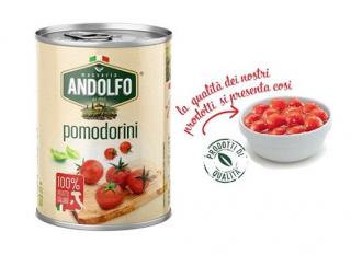Masseria Andolfo neloupaná cherry rajčata 400 g (Pomodorini - celá neloupaná cherry rajčata v rajčatové šťávě)