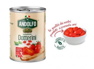 Masseria Andolfo neloupaná cherry rajčata Datterini 400 g (Pomodorini Datterini - celá neloupaná cherry rajčata Datterini v rajčatové šťávě)
