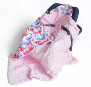 Bavlněná deka pro miminko s otvory pro pásy autosedačky, s minky, plameňáci / růžová, 90x90 cm