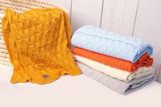 Dětská pletená deka 100% bavlna do postýlky / kočárku, lehká, prodyšná, 80x100 cm, hořčicově žlutá